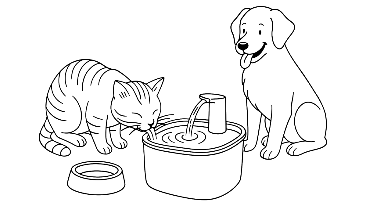 Line art of a cat and a dog drinking from an automatic water fountain