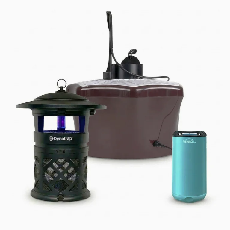 A side-by-side comparison visual of the Biogents BG-Mosquitaire trap, the DynaTrap DT2030SR, and the Thermacell Patio Shield mosquito control devices.