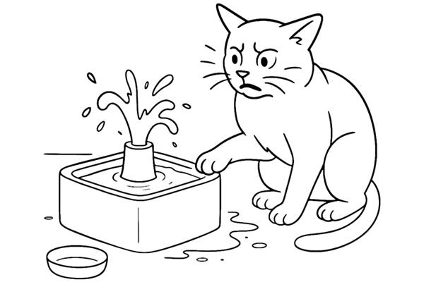 Drawing of a cat avoiding a badly designed water fountain