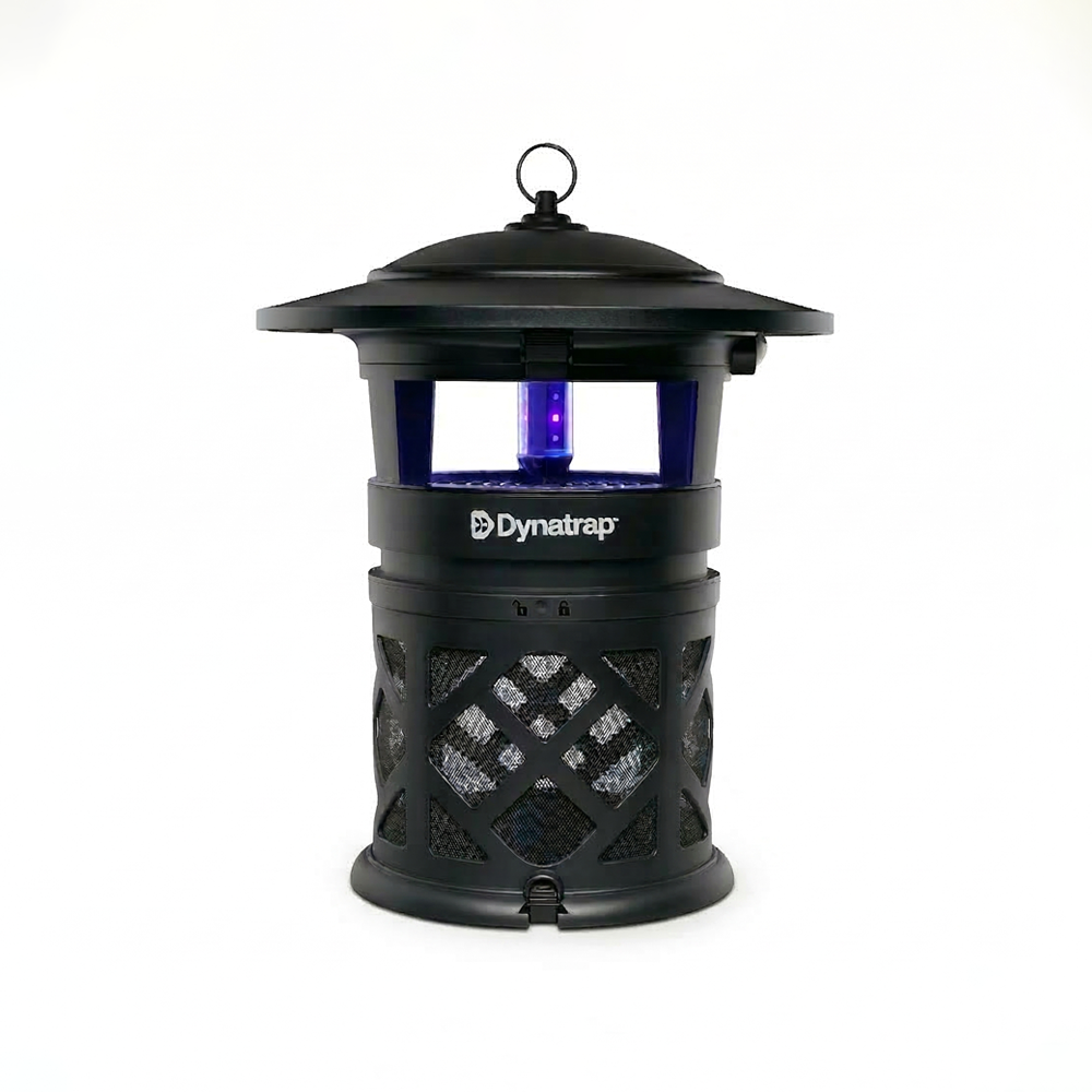 A black, lantern-style DynaTrap DT2030SR mosquito trap showing vertical slots for its UV-LED bulbs and a large retaining cage at the bottom.