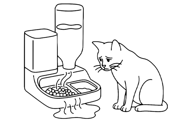 Line drawing of a feeder and water dispenser combo leaking water into the food section, with a sad cat beside it, illustrating the inconvenience of two-in-one feeders.