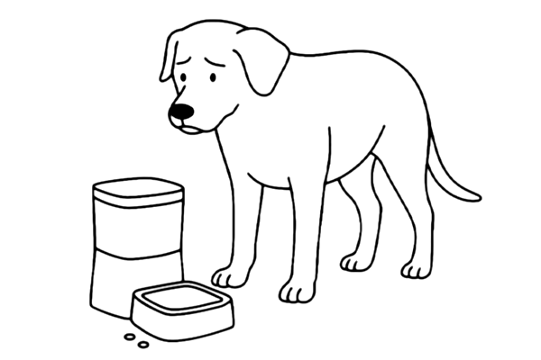 Line drawing of a large dog looking at a small automatic feeder with little food inside, showing insufficient capacity for medium and large dogs.