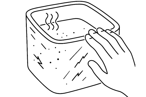 Line drawing of a low-quality plastic pet water fountain showing scratches, stains, and odor problems.