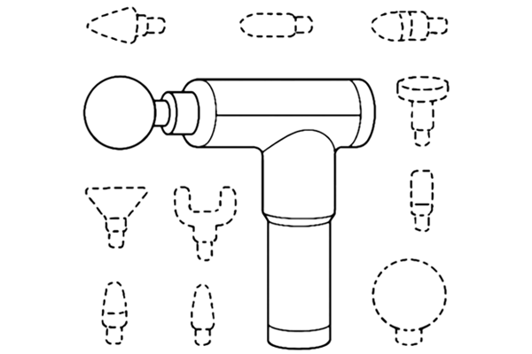 Line drawing of a massage gun surrounded by multiple unused attachments, showing how flashy extras do not improve performance