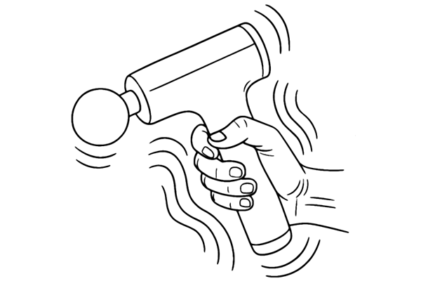 Illustration of a budget massage gun with poor vibration control causing numb hands and sore wrists, highlighting low build quality