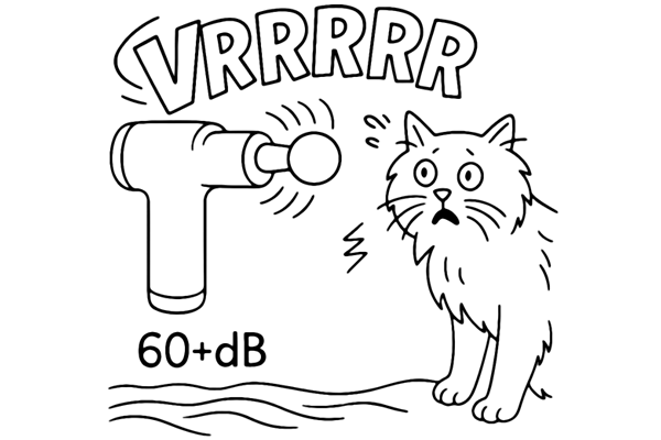 Illustration of a loud massage gun producing over 60 decibels of noise, disturbing a nearby cat, showing lack of sound insulation in budget models.