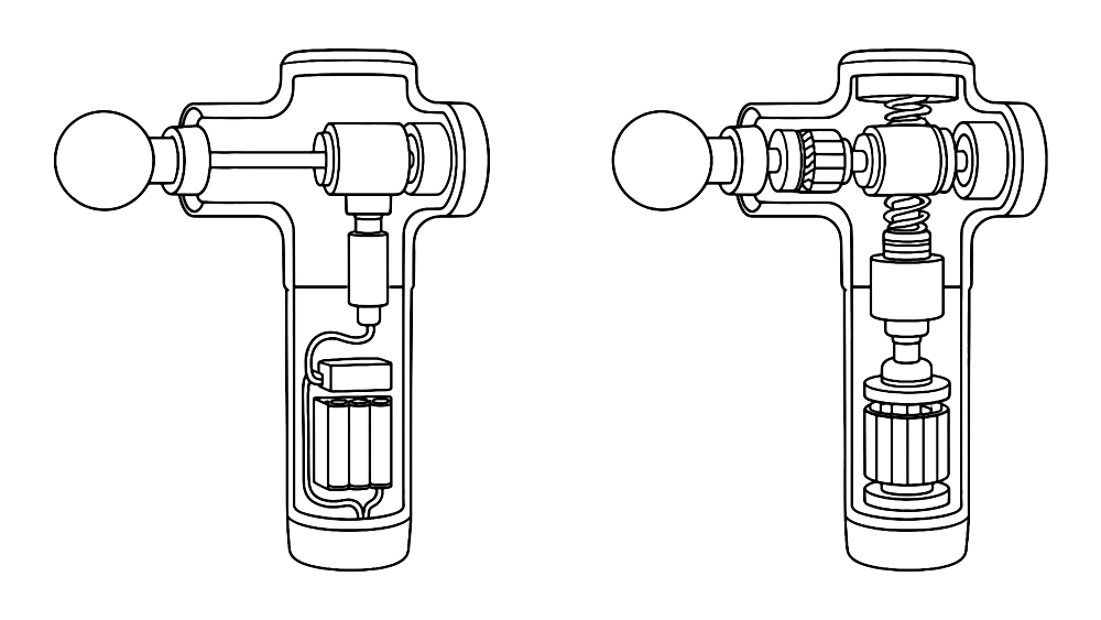 Line drawing showing internal components of two massage guns, comparing motor power, amplitude, and build quality — key factors in choosing the best massage gun.
