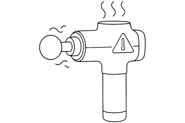 Illustration of a massage gun overheating with heat waves and warning symbol, showing the common problem of auto shutdown in budget models.