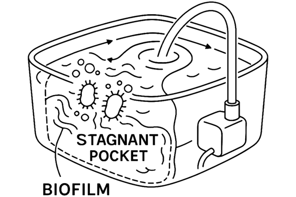 Illustration showing slimy buildup and bacteria inside a pet water fountain