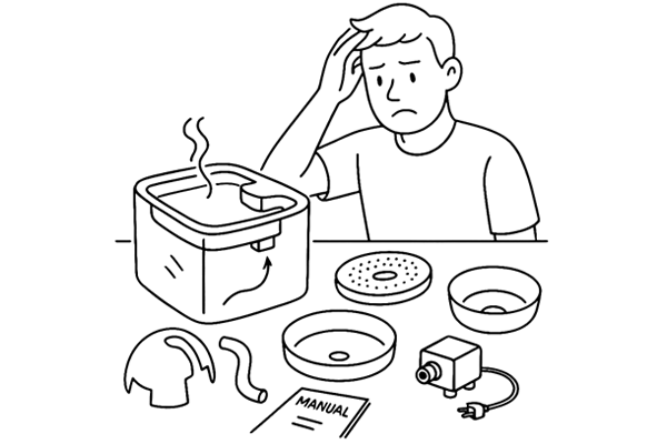 Illustration of a person assembling a multi-part pet water fountain