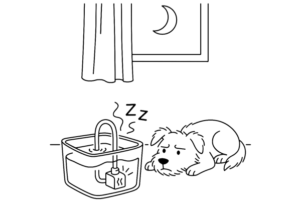 Line drawing of a dog disturbed by the loud motor of a pet water fountain at night, showing how noise can affect pets.