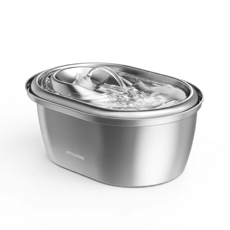 Photo of the PETLIBRO all-stainless steel pet water fountain, featuring a hygienic metal body, circulating water flow, and quiet pump, ideal for cats and multi-pet households.