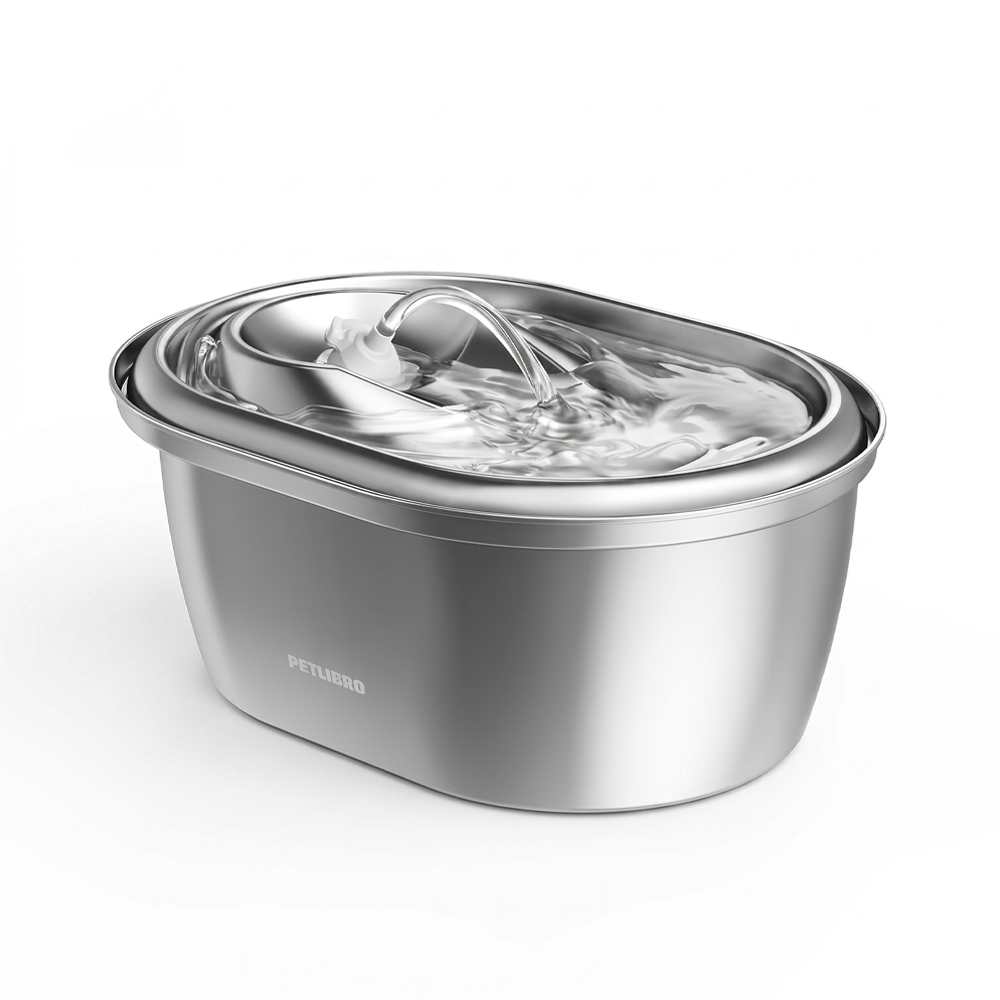 Photo of the PETLIBRO all-stainless steel pet water fountain, featuring a hygienic metal body, circulating water flow, and quiet pump, ideal for cats and multi-pet households.