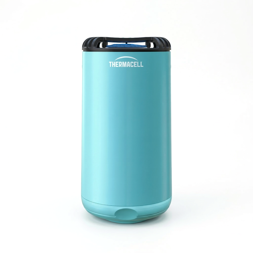 A compact, cylindrical Thermacell Patio Shield mosquito repellent device, showing its slotted top grille where the repellent mat is heated.