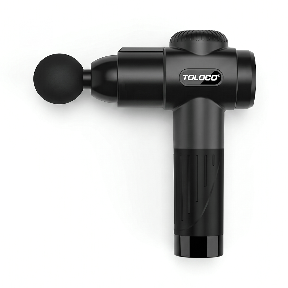 Photo of the TOLOCO EM26 massage gun, equipped with multiple interchangeable heads and a quiet brushless motor for strong, low-noise performance.