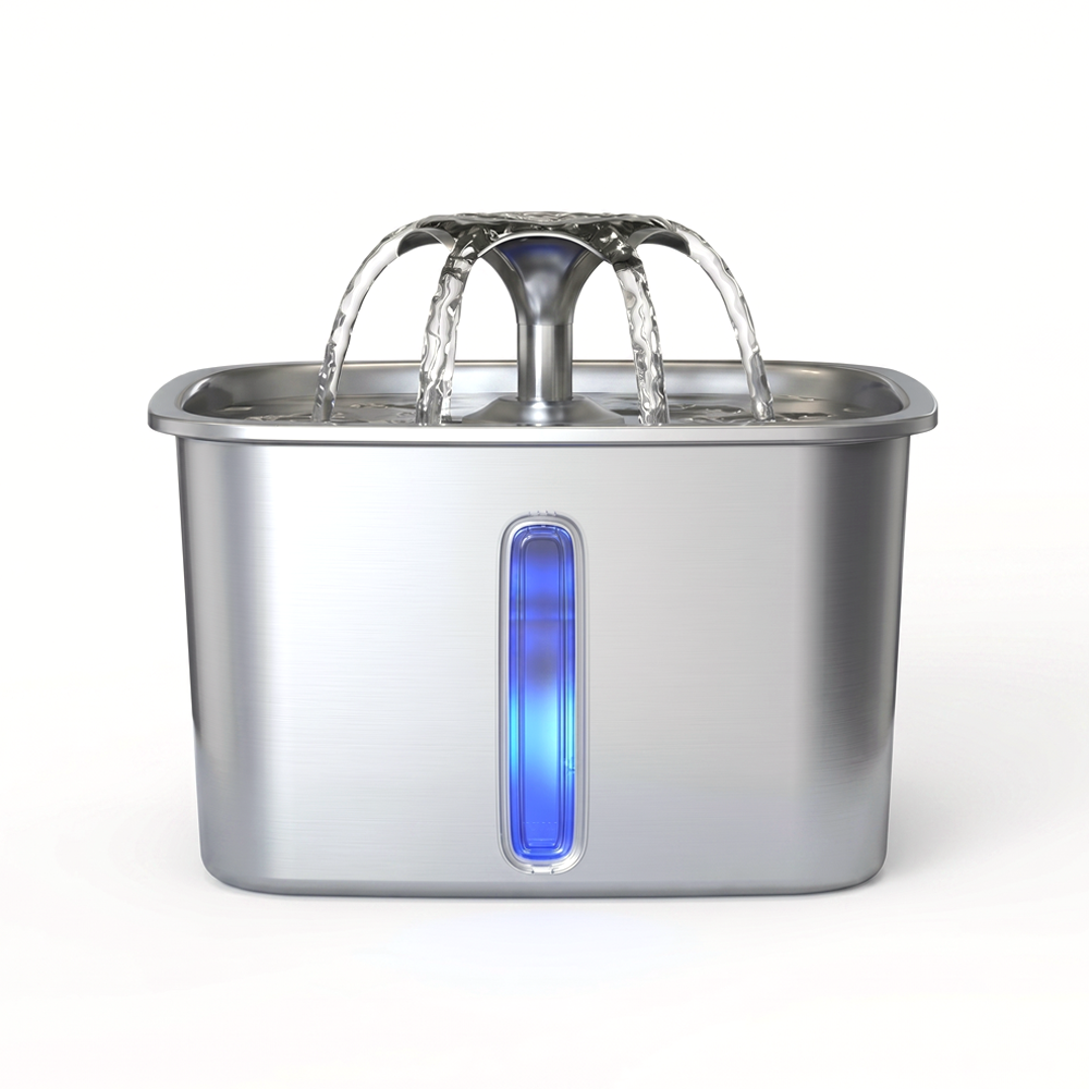 Photo of the Veken stainless steel pet water fountain, featuring a multi-stream spout, optional on/off blue LED light for water level visibility, hygienic metal construction, and quiet operation for cats and small-to-medium dogs.