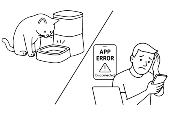 Black-and-white illustration of a worried pet owner seeing an "APP ERROR Disconnected" message, while their cat stares at an empty feeder, showing the risks of unreliable smart feeders.