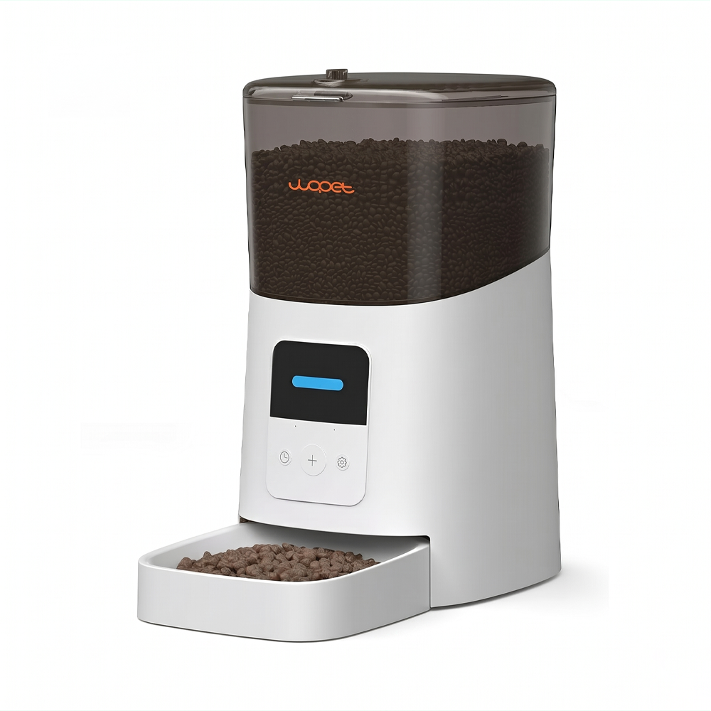 Photo of the WOPET automatic pet feeder, offering large capacity food storage, WiFi smart control, and dual power supply for convenient feeding of cats and dogs.