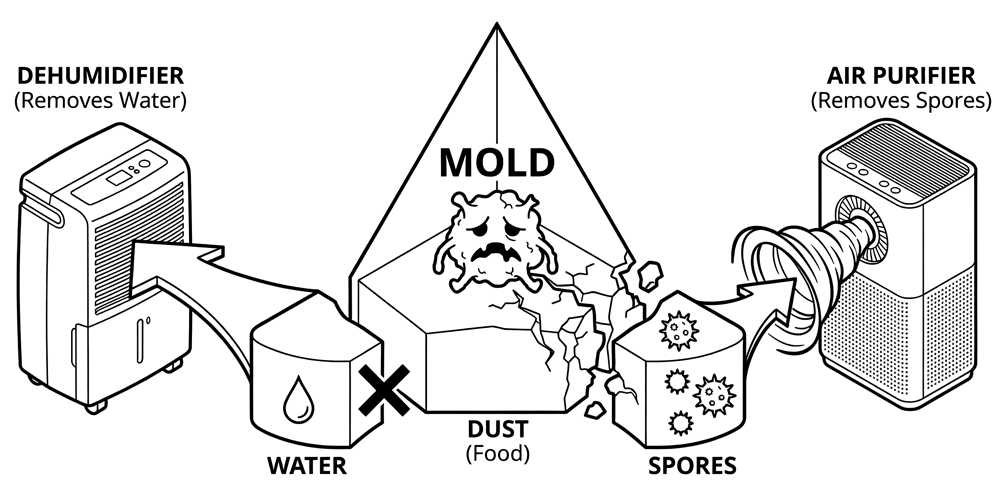 Diagram of the "Mold Defense Triangle" strategy illustrating how a dehumidifier removes water to starve mold, while an air purifier captures airborne spores. This combined approach breaks the mold growth cycle by targeting both moisture and spores simultaneously.