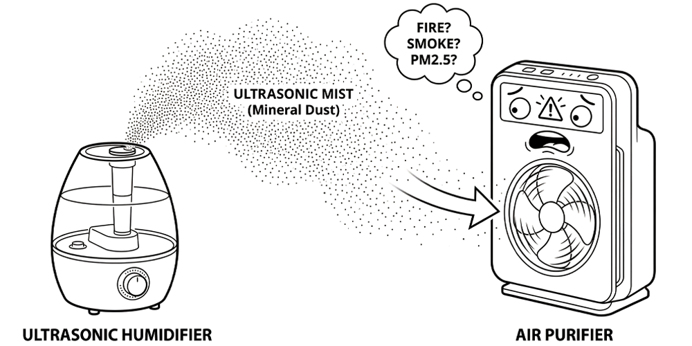 Illustration showing an ultrasonic humidifier releasing mineral dust mist towards an air purifier. The air purifier's sensor detects the mist and panics, mistaking the minerals for smoke or PM2.5 pollution, demonstrating the common sensor conflict between these devices.