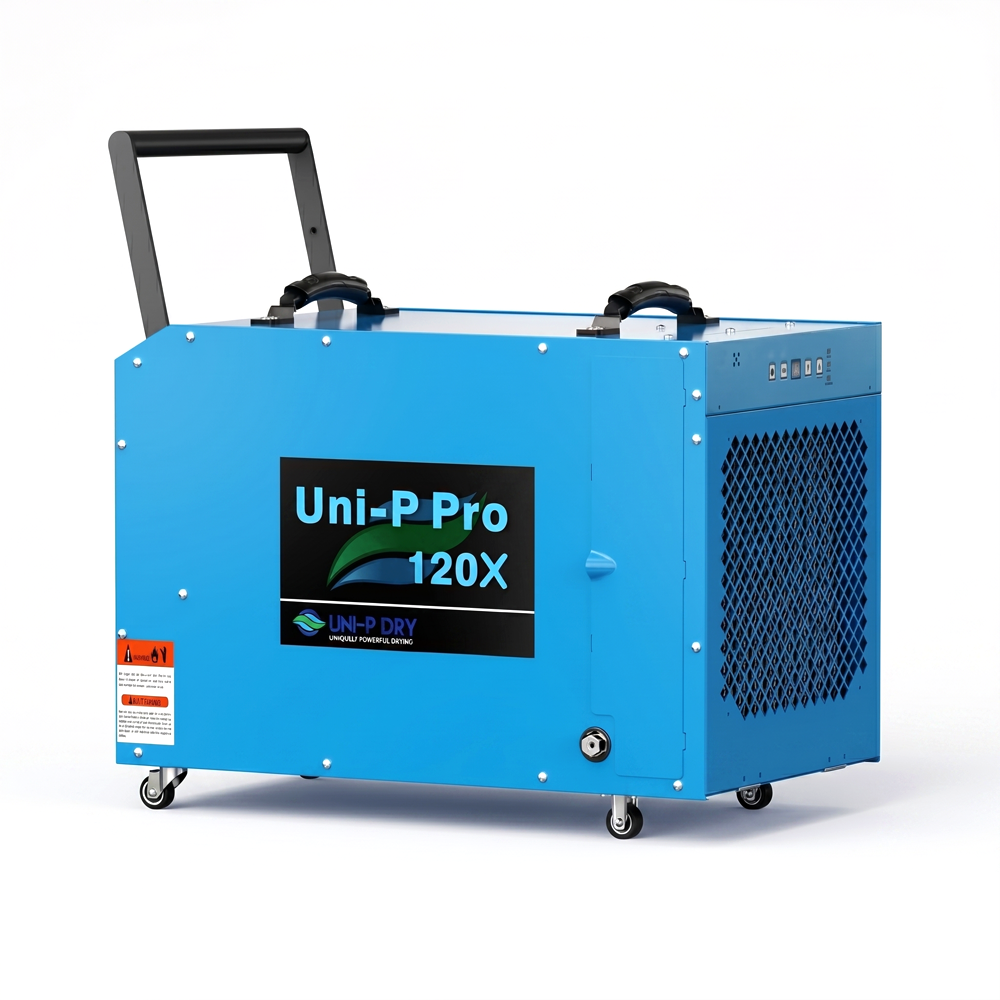 Photo of the rugged, blue metal-cased Uni-P Pro 120X commercial-grade dehumidifier, featuring built-in wheels, a telescoping handle, and powerful drying performance for crawl spaces, basements, and water damage restoration projects.