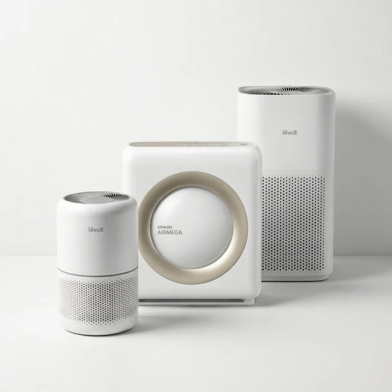 Studio group shot of the three recommended air purifiers for different room sizes: the compact Levoit Core 300 (left), the powerful Coway Airmega 1512HH (center), and the large-capacity Levoit Core 600S (right).