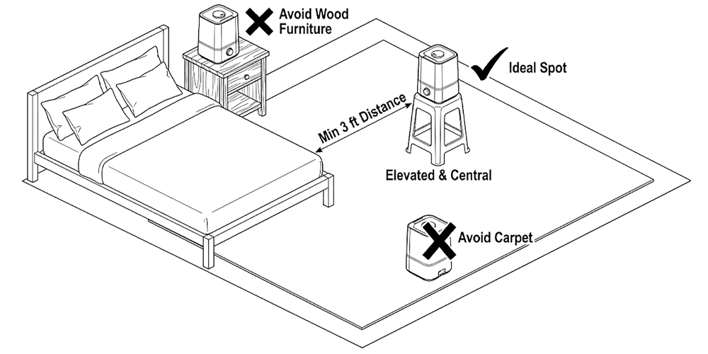 A bedroom layout guide using checkmarks and X's. It shows the ideal humidifier spot is elevated on a plastic stool 3 feet from the bed, while avoiding placement on wooden furniture or directly on carpets.