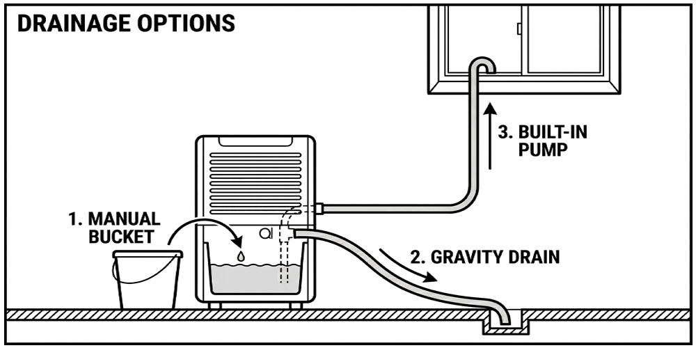 A cross-section diagram comparing three dehumidifier drainage methods in a basement: manual bucket collection, passive downward gravity drain, and a built-in pump pushing water upwards out of a window.