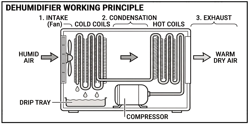 A schematic diagram illustrating how a dehumidifier works. It shows three steps: 1. Intake of humid air by a fan; 2. Condensation on cold coils where water drips into a tray; and 3. Exhaust of warm dry air after passing over hot coils.