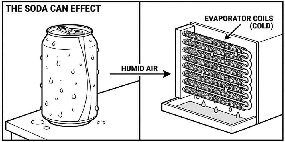 A technical diagram illustrating how a refrigerant dehumidifier works. The left panel shows condensation on a cold soda can; the right panel shows humid air passing over cold evaporator coils to form water droplets, explaining the condensation principle.