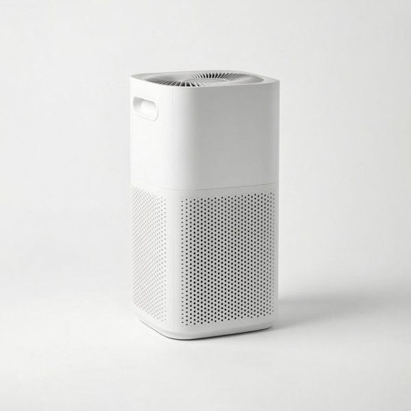 Angled view of the Levoit Core 600S tower air purifier. It features a tall, rectangular white body with rounded corners, visible recessed side handles, and a dense mesh intake grille covering the lower two-thirds of the unit.
