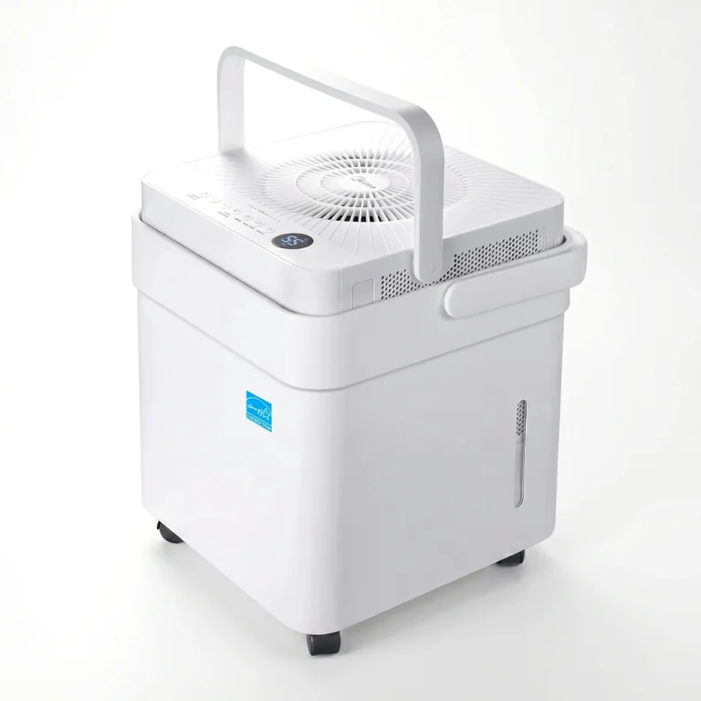 Photo of the Midea Cube 50-pint dehumidifier, shown in its expanded form with a compact cube design, built-in carry handle, digital display, and optional built-in pump for convenient upward drainage in basements and large rooms.