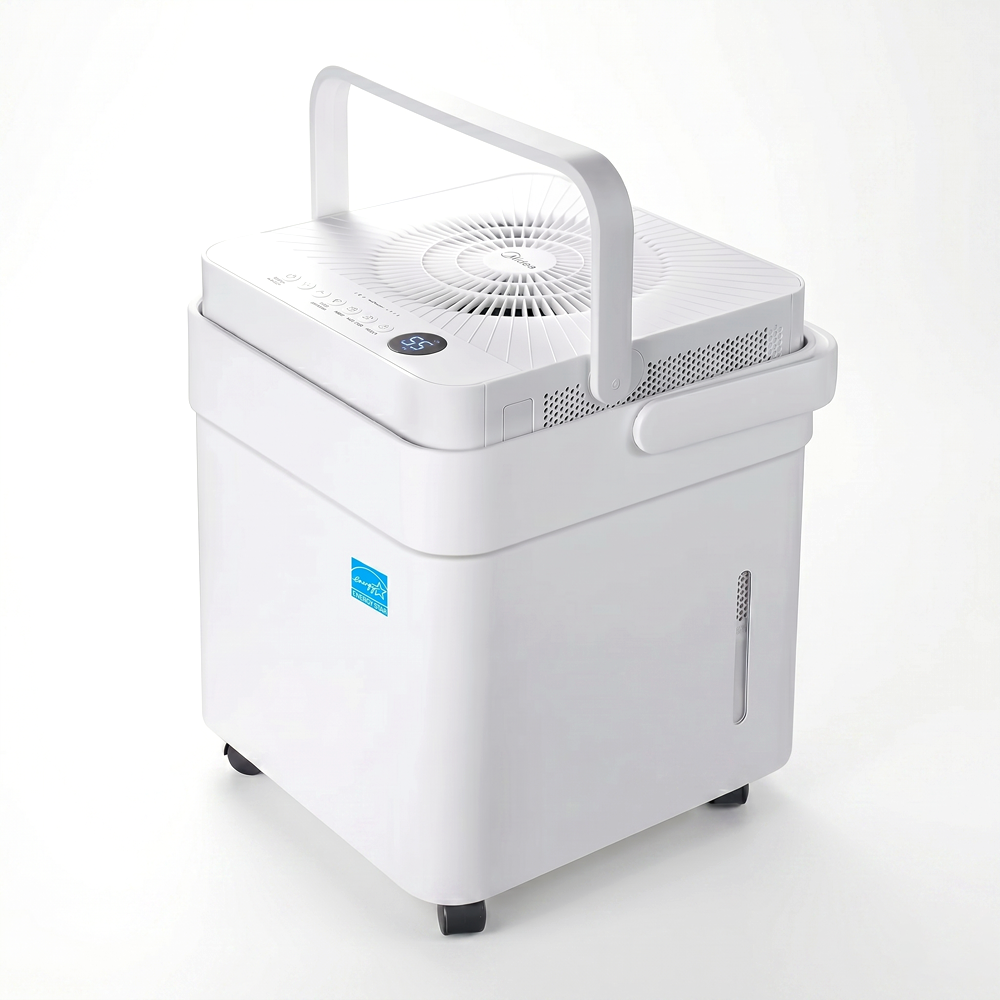 Photo of the Midea Cube 50-pint dehumidifier, shown in its expanded form with a compact cube design, built-in carry handle, digital display, and optional built-in pump for convenient upward drainage in basements and large rooms.