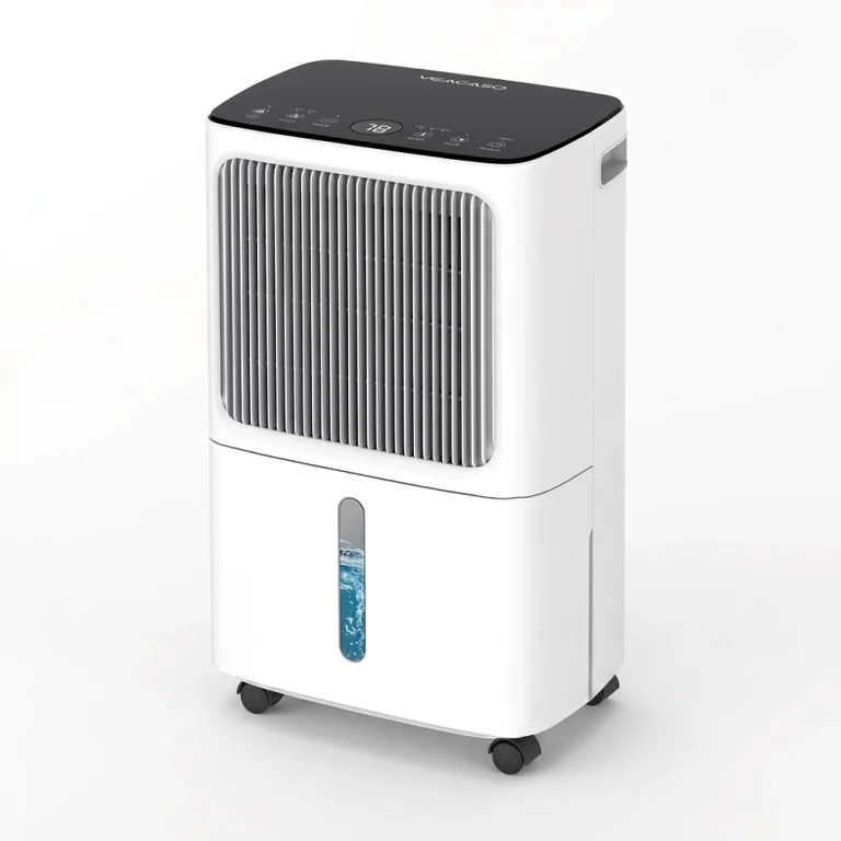 Photo of the VEACASO 34-pint dehumidifier for home use, featuring a digital humidity display, transparent water level indicator, built-in wheels, and continuous drain option, ideal for basements, bedrooms, and spaces up to 2500 sq. ft.