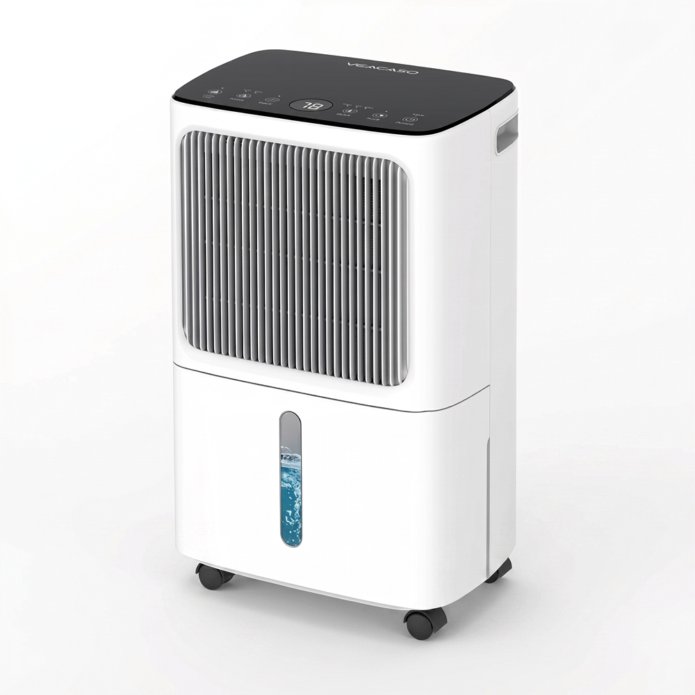 Photo of the VEACASO 34-pint dehumidifier for home use, featuring a digital humidity display, transparent water level indicator, built-in wheels, and continuous drain option, ideal for basements, bedrooms, and spaces up to 2500 sq. ft.