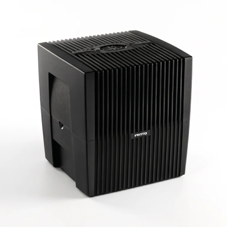 Photo of the black Venta LW15 humidifier, featuring a unique filterless design with rotating disc stacks to hydrate and purify air without disposable wicks.