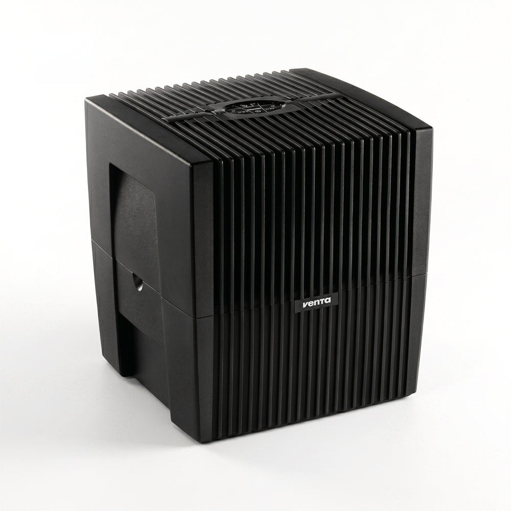 Photo of the black Venta LW15 humidifier, featuring a unique filterless design with rotating disc stacks to hydrate and purify air without disposable wicks.