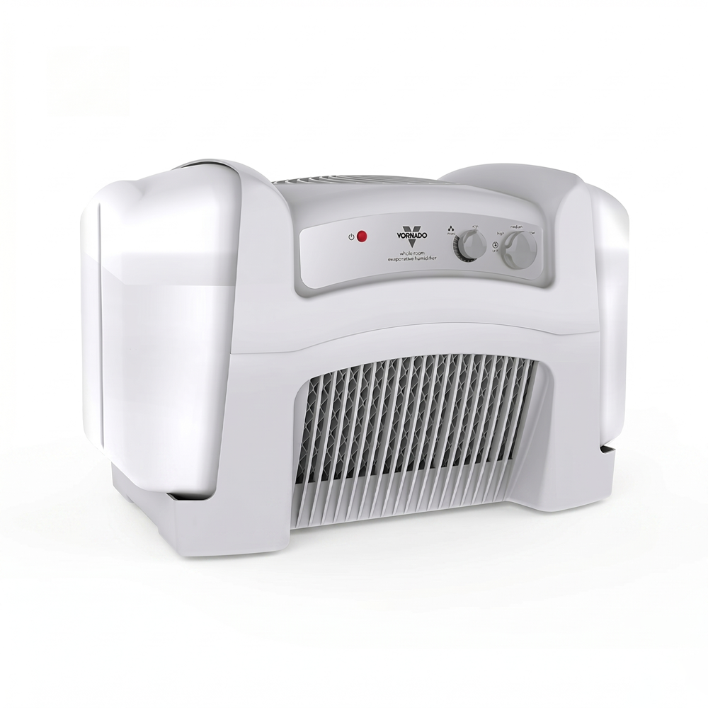 Photo of the Vornado Evap40 whole-room humidifier, equipped with dual water tanks and vortex air circulation to efficiently humidify large open spaces.
