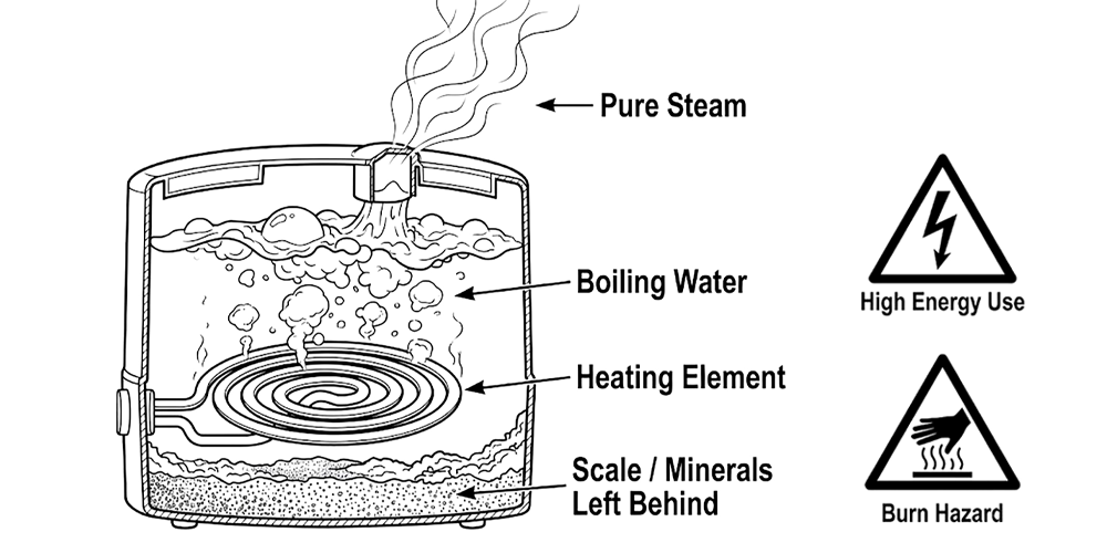 A cross-section of a warm mist humidifier using a heating element to boil water. It shows pure steam rising while scale stays at the bottom, marked with warning symbols for high
