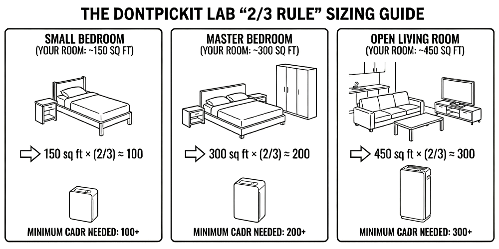 Infographic illustrating the '2/3 Rule' for air purifier sizing. It displays three room scenarios: a Small Bedroom (150 sq ft) needing CADR 100+, a Master Bedroom (300 sq ft) needing CADR 200+, and an Open Living Room (450 sq ft) needing CADR 300+.