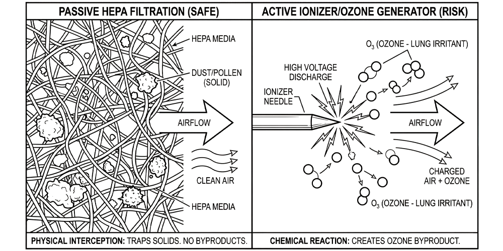 Technical illustration comparing safe passive HEPA filtration with risky active ionizers. The left panel shows physical interception of dust solids by HEPA media. The right panel depicts a high voltage discharge needle creating lung-irritating Ozone (O3) byproducts.