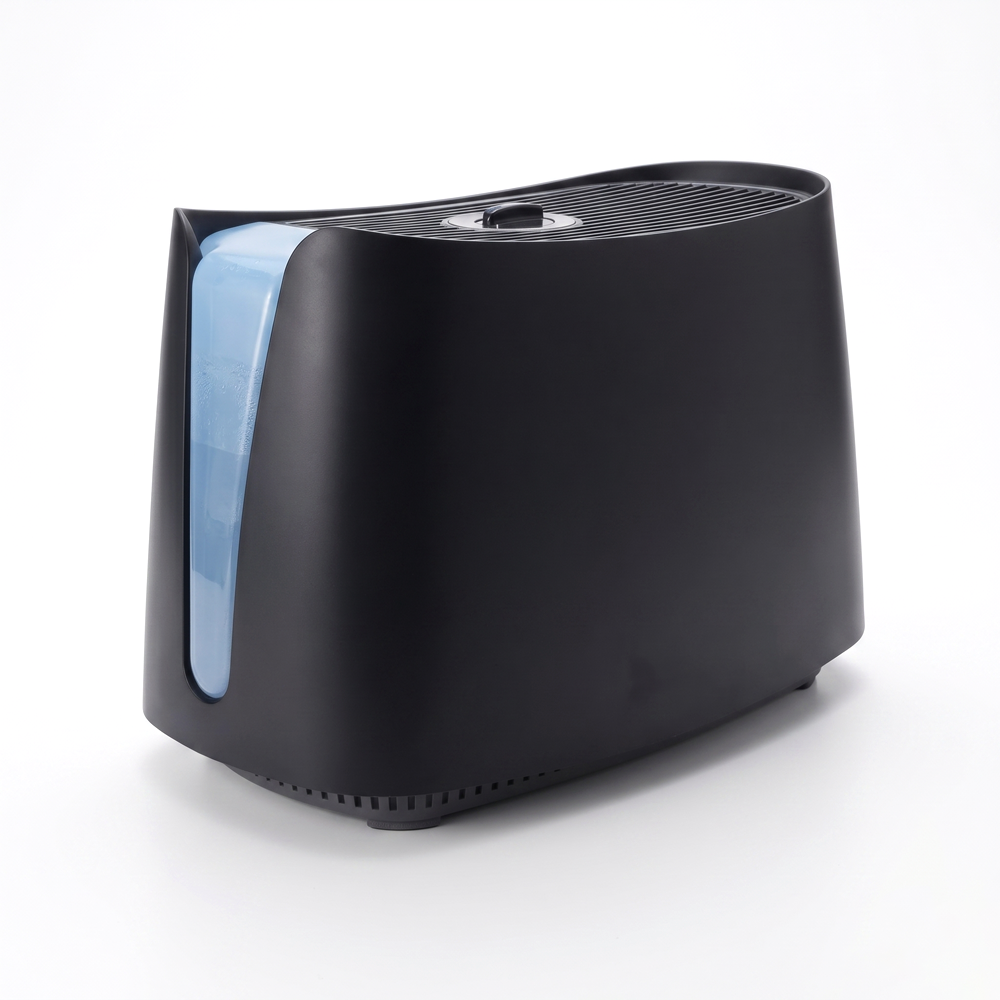 Studio shot of the Honeywell HCM-350B humidifier showing its black utilitarian plastic body and blue water tank, resembling medical equipment.