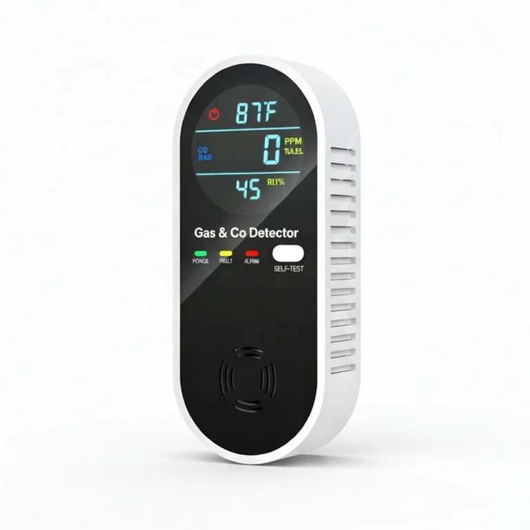 NICGOL 4-in-1 upgraded natural gas leak and carbon monoxide detector plugged in, showing LCD screen with 0 PPM CO, 0% LEL gas, 87°F temperature, and 45% humidity on a wall.
