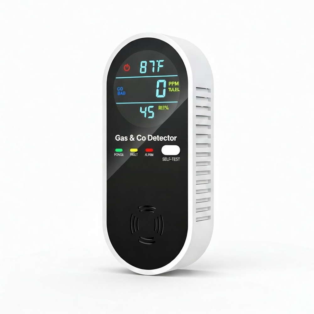 NICGOL 4-in-1 upgraded natural gas leak and carbon monoxide detector plugged in, showing LCD screen with 0 PPM CO, 0% LEL gas, 87°F temperature, and 45% humidity on a wall.