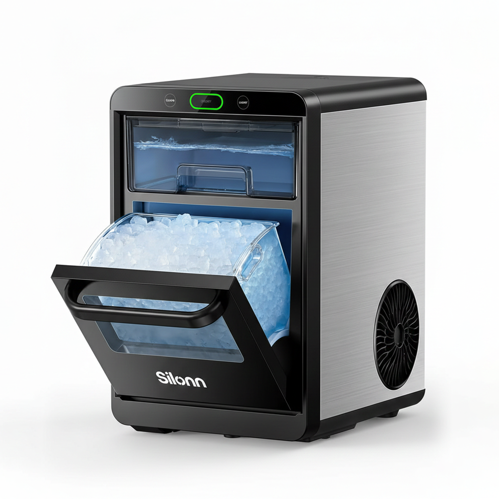 Silonn Nugget Ice Maker with open drawer displaying a full basket of chewable pebble ice.