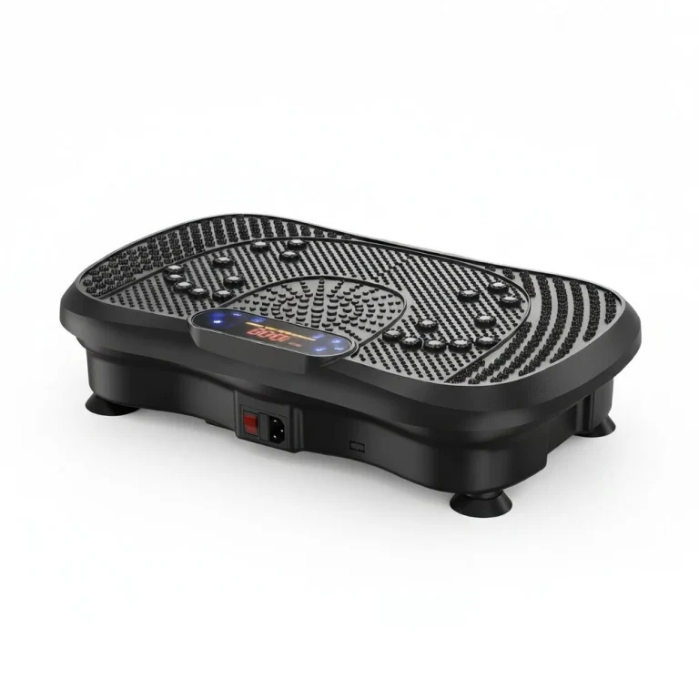 AXV Vibration Plate Exercise Machine, compact black vibration platform with textured surface and digital display, ideal for small apartments