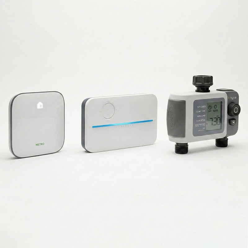 A professional lineup showing the Netro Sprite, Rachio, and Orbit B-hyve smart sprinkler controllers side-by-side on a white background.