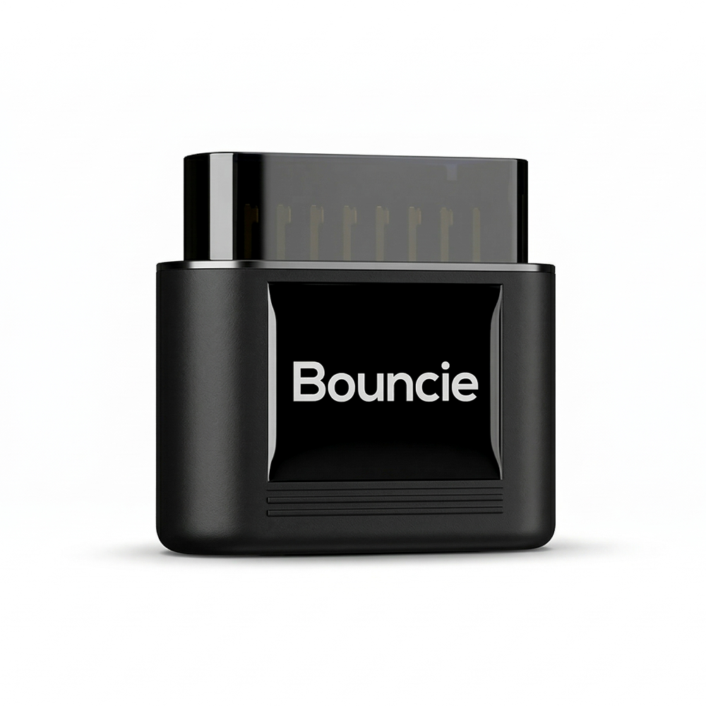 A sleek matte black Bouncie OBD-II smart car tracker and diagnostic device on a white background, featuring the white Bouncie logo on a glossy front panel.
