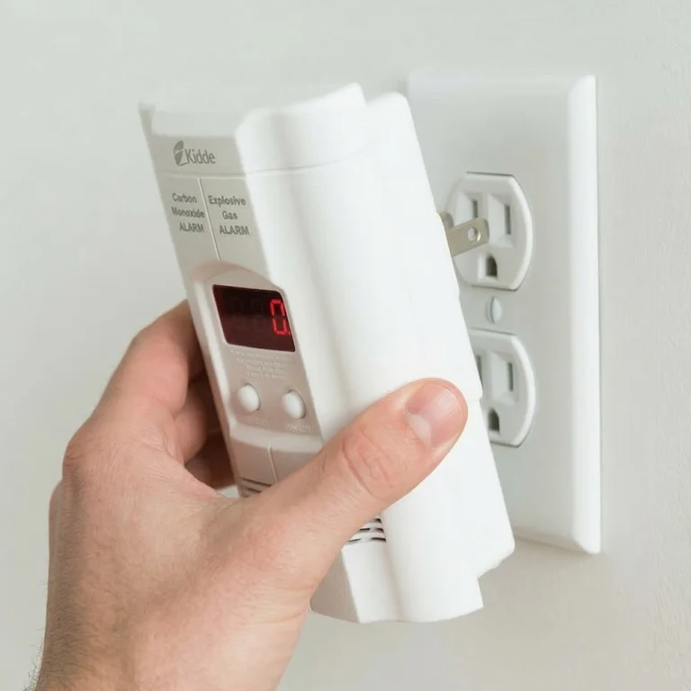 A person's hand plugging a white Kidde carbon monoxide and explosive gas detector into a wall outlet.
