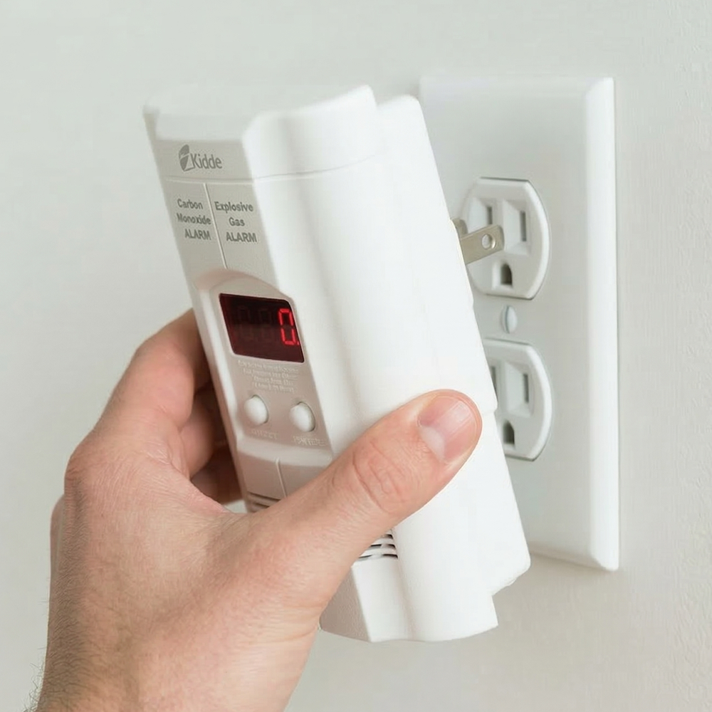 A person's hand plugging a white Kidde carbon monoxide and explosive gas detector into a wall outlet.